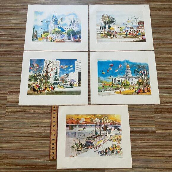 Dong Kingman Art Print Set of 5 US Cities Atlanta Mormon Temple Benihana 1979 - Picture 1 of 10